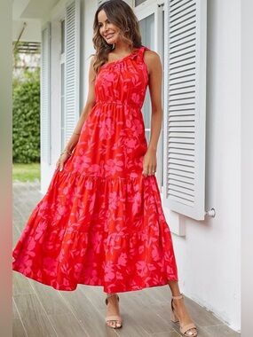 Red Floral One-Shoulder Maxi Dress - PrettyGarden